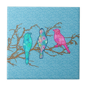 Carreau Oiseaux appliqués sur une branche, Sky Blue Multi
