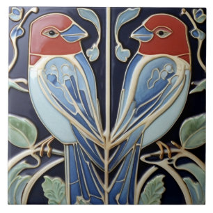 Carreau Oiseaux Art Nouveau Art Déco - Perroquet bleu roug