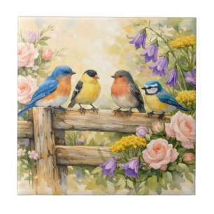 Carreau Oiseaux chanteurs à l'aquarelle sur la clôture en