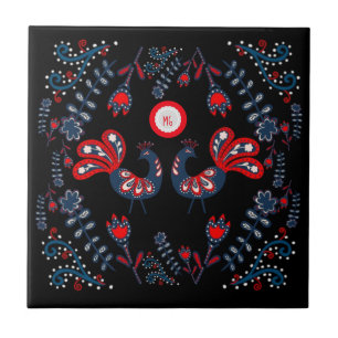 Carreau Oiseaux d'art populaire scandinave Monogramme