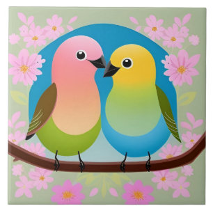 Carreau Oiseaux de dessin animé colorés perchés sur une br
