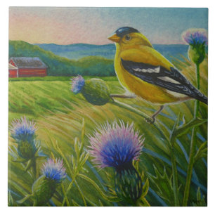 Carreau Oiseaux de Goldfinch Chardons Ferme d'été Aquare