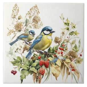 Carreau Oiseaux de la forêt de aquarelles et baies sauvage
