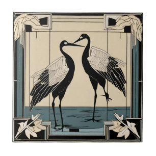 Carreau Oiseaux de l'amour deux grues bleu Art déco Art no