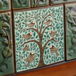 Carreau Oiseaux et arbre de vie Sage Vert Art Nouveau