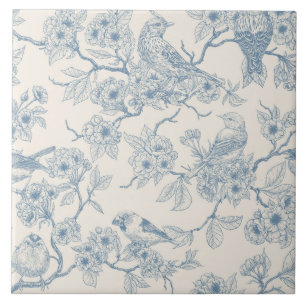 Carreau Oiseaux et fleurs de cerisier en bleu et blanc cas