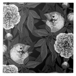 Carreau Oiseaux et fleurs de pivoines monochromes, gris