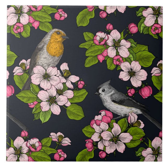 Carreau Oiseaux et fleurs en noir (Devant)