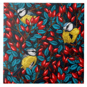 Carreau Oiseaux et hanches roses de chien, bleu et rouge