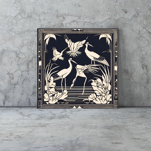 Carreau Oiseaux Grues Noir et Blanc Art Déco Nouveau (birds tiles are a vintage Art Deco style with cranes in black and cream geometric style)