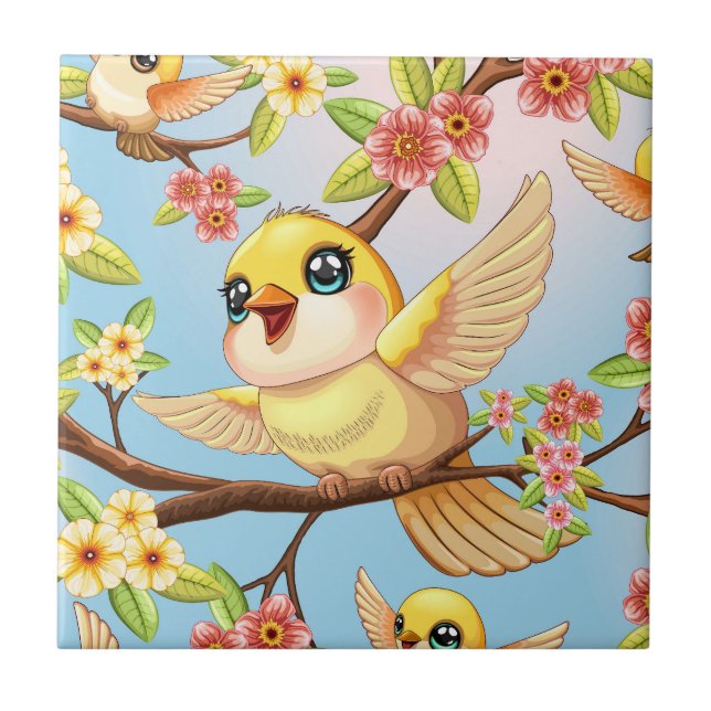Carreau Oiseaux mignons et heureux parmi les fleurs du pri (Devant)