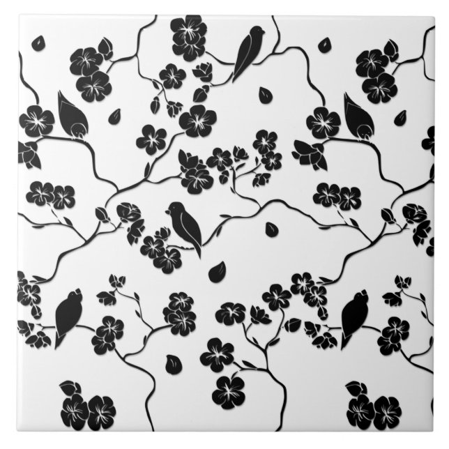 Carreau Oiseaux Motifs noirs et blancs sur les fleurs de c (Devant)