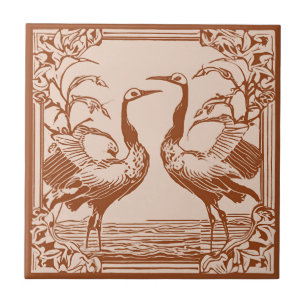Carreau Oiseaux rétro deux grues Brun Art déco Art nouveau