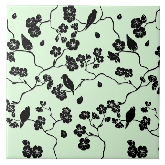Carreau Oiseaux sur les fleurs de cerisiers Noir sur le ve (Devant)
