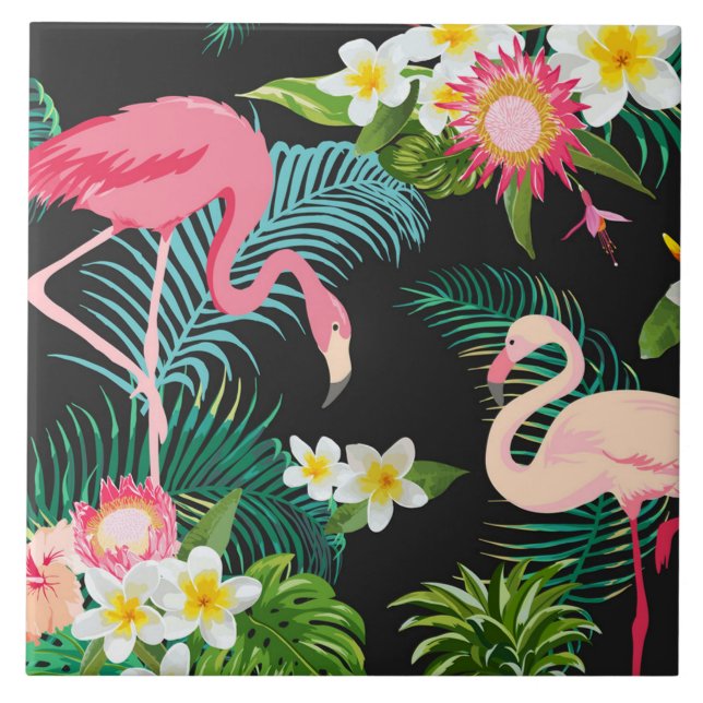 Carreau Oiseaux tropicaux Fleurs Flamant rose Paysage aqua (Devant)