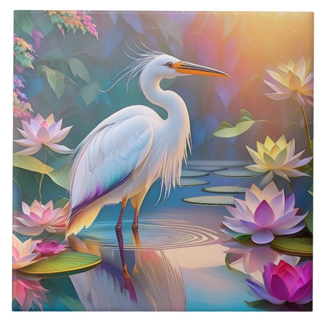 Carreau Orange Billed White Heron Imaginaire Bird (Devant)