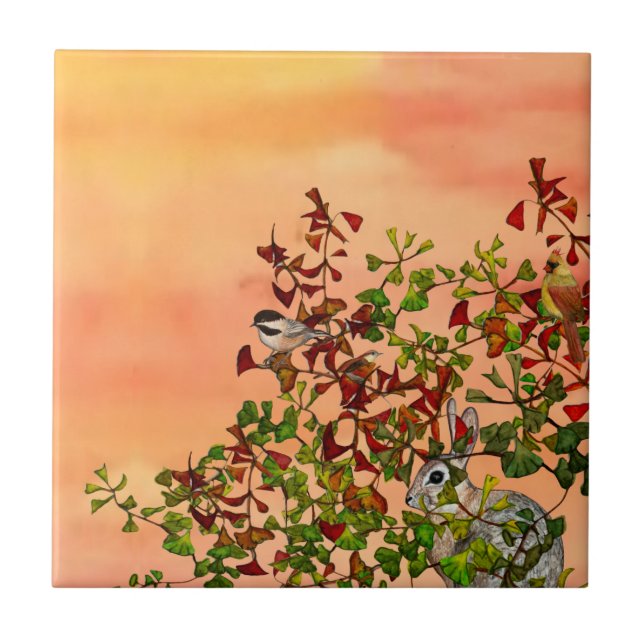 Carreau Orange Birds Lapin Autumn Foliage Carrelage (Devant)