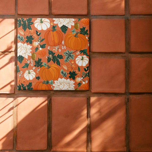 Carreau Orange Boho Citrouille Automne motif floral (Créateur téléchargé)