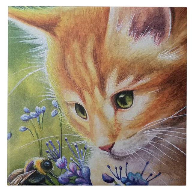 Carreau Orange Tabby Kitten & Bumblebee Aquarelle Art (Devant)
