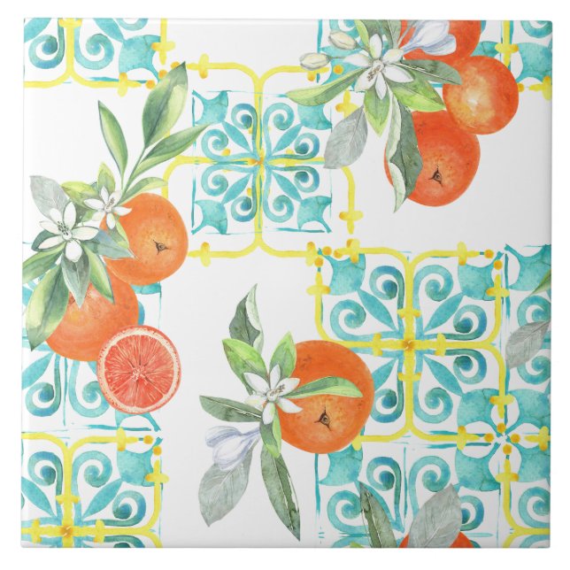 Carreau Oranges sur bleu et jaune Motif méditerranéen (Devant)