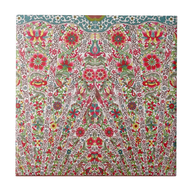 Carreau Oriental Chinois Floral Bleu Rouge (Devant)