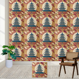 Carreau Oriental Floral Rouge or Chinoiserie Pagoda Carrel