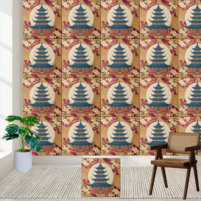 Carreau Oriental Floral Rouge or Chinoiserie Pagoda Carrel (Oriental Floral Red Gold Chinoiserie Pagoda Tile)