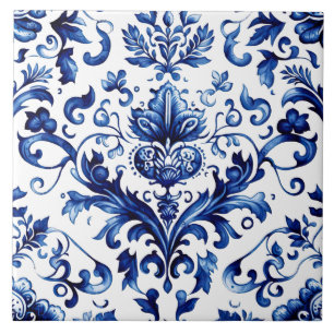 Carreau Ornement baroque en damas chiné bleu
