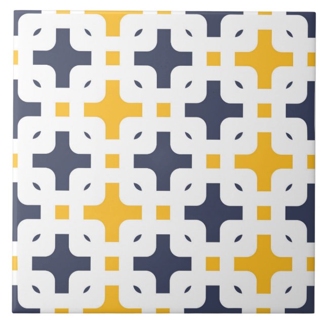 Carreau Ornement, bleu marine, blanc, jaune moutarde (Devant)