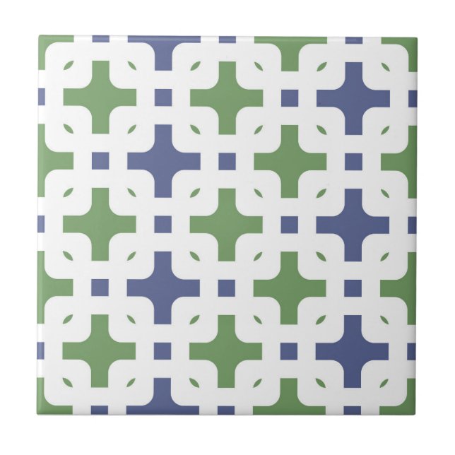 Carreau Ornement, moderne, blanc, vert olive, bleu marine (Devant)