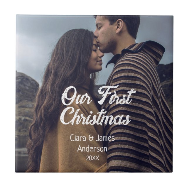Carreau Our first Christmas couple photo name white gray (Devant)