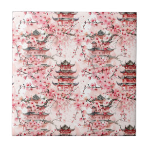 Carreau Pagode chinoise aquarelle aux fleurs de cerisiers 