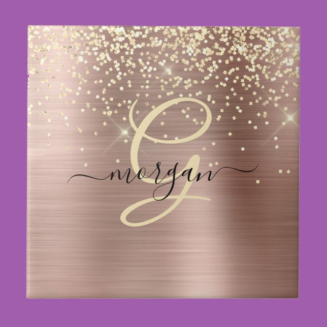 Carreau Paillettes dorées, monogramme doré, nom en script  (Créateur téléchargé)