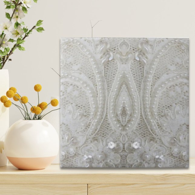 Carreau paillettes sophistiquées perle blanc dentelle (fancy sophisticated sequins pearl white lace ceramic tile)