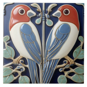 Carreau Paire Bleu Rouge - Oiseaux Art Nouveau Art Déco