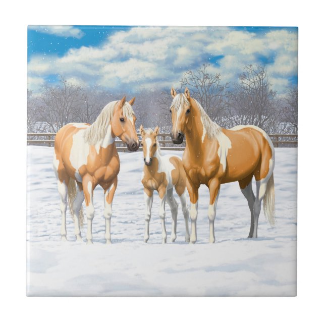 Carreau Palomino Pinto Peinture Quarter Chevaux En Neige (Devant)