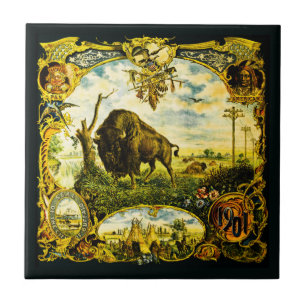 Carreau Pan Am Expo avec motifs de bisons et amérindiens
