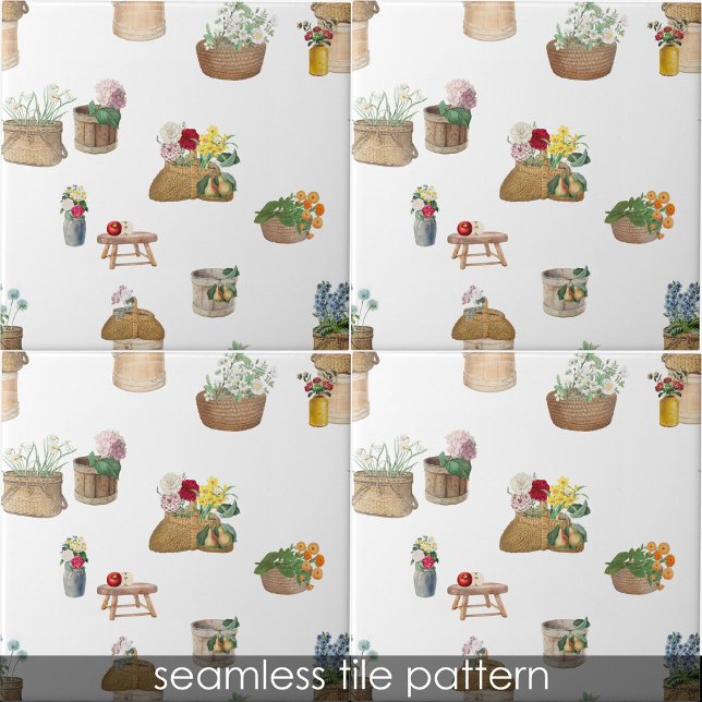 Carreau Paniers à fleurs du marché de l'Aquarelle (Watercolor Farmer's Market Flower Baskets Ceramic Tile)