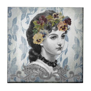 Carreau Pansies d'une femme victorienne sur une tapisserie