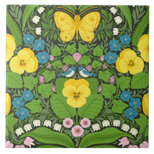 Carreau Pansies jaunes, oiseaux et papillons