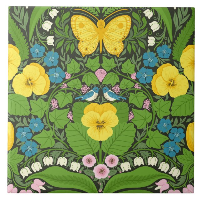 Carreau Pansies jaunes, oiseaux et papillons (Devant)