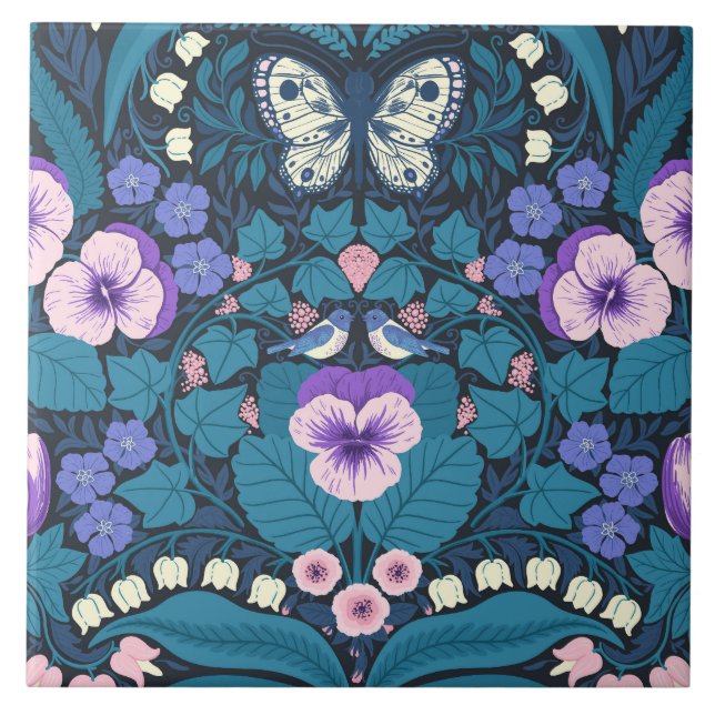 Carreau Pansies, oiseaux et papillons (Devant)