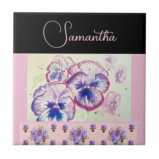 Carreau Pansies rose Pansy Aquarelle Fleurie art (Devant)