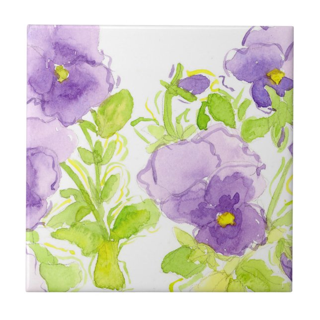Carreau Pansies violettes Pastel Aquarelle Fleurs (Devant)
