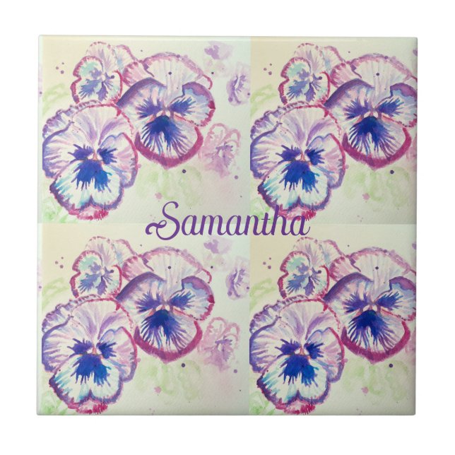 Carreau Pansy Panies Purple Fleurs Florales Aquarelle Nom (Devant)