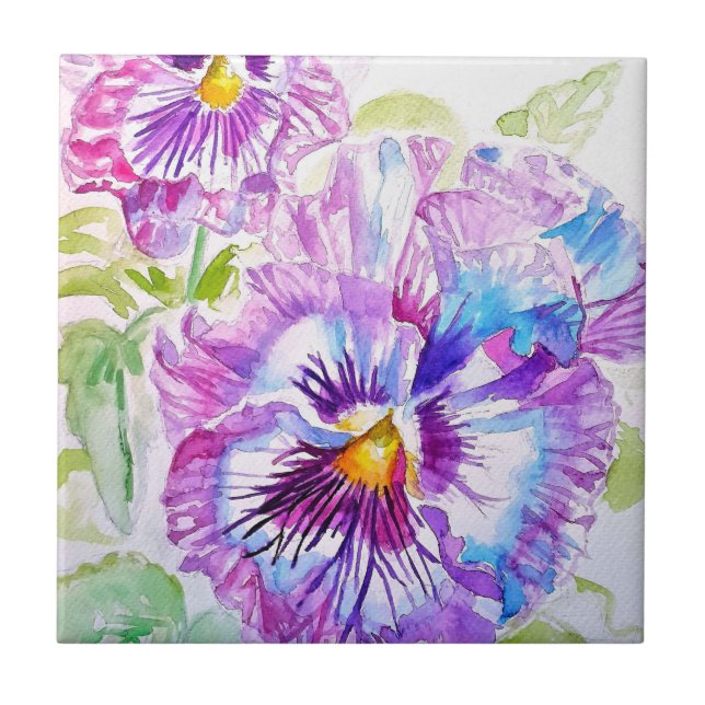 Carreau Pansy Violet Fleur Florale Rose Jaune Aquarelle (Devant)