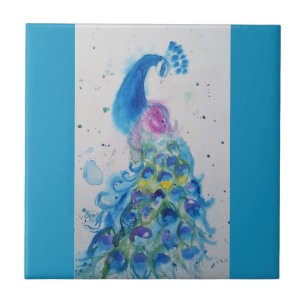 Carreau Paon bleu aquarelle oiseau oiseaux bleu cyan