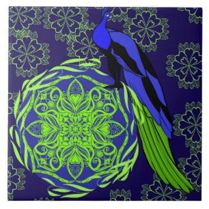 Carreau Paon bleu élégant avec mandala vert