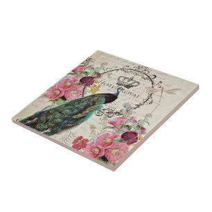 Carreau Paon et fleurs printanières