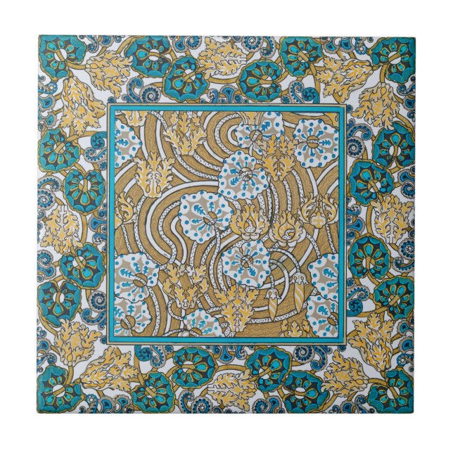 Carreau papier peint bleu art nouveau cyclamen (Devant)